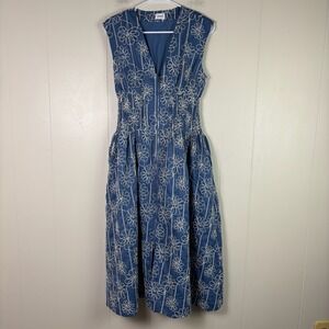 Aureum Womens Blue Floral Embroidered V Neck Sleeveless Midi Dress